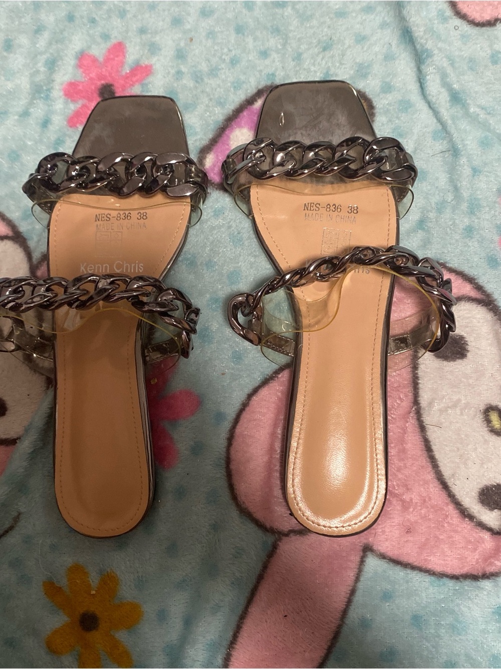 Women's Clear Slide Sandals with Metallic Chain Detail - Silver